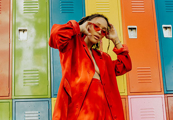 Cynthia Brown photo of model by colorful lockers rep image